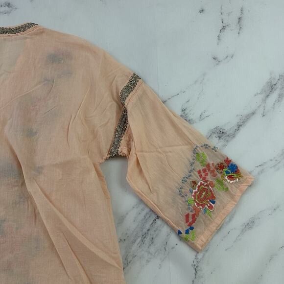 Soft Surroundings Embroidered Blouse Top Size M Orange Blue Beaded Boho Floral - Picture 11 of 13